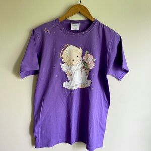 Vintage Purple Floral Angel Graphic Cotton T-Shirt